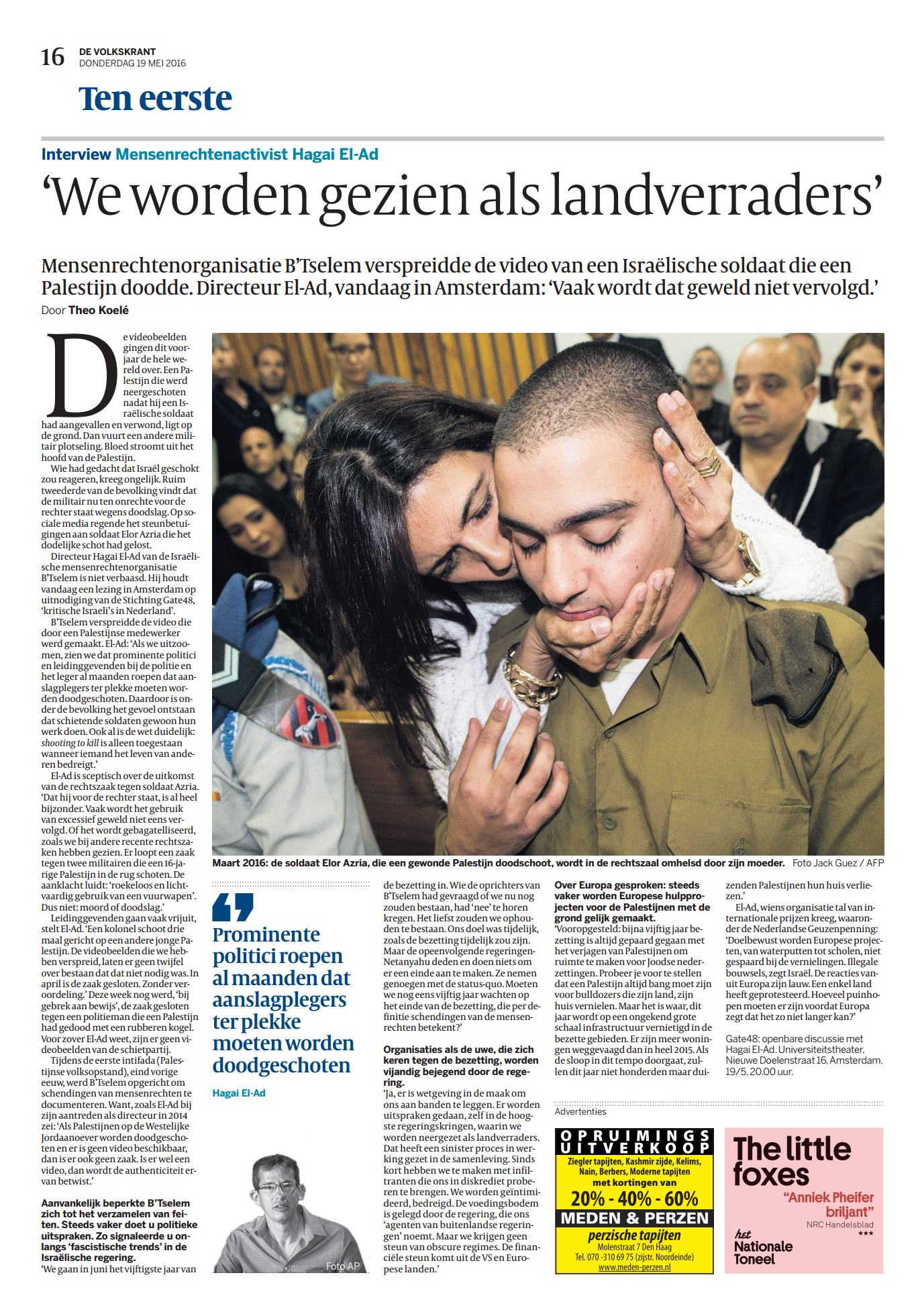 Interview with Hagai El-Ad the director of B’Tselem in De Volkskrant